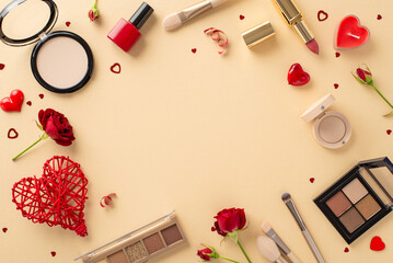 Explore Valentine's Day magic at cosmetics store. Top view photo features lipstick, brushes,...