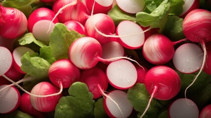  a close up of radishes and lettuce with water droplets on the tops of the radishes.