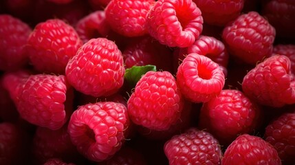  a pile of raspberries with a green leaf sticking out of the middle of the top of the berries.