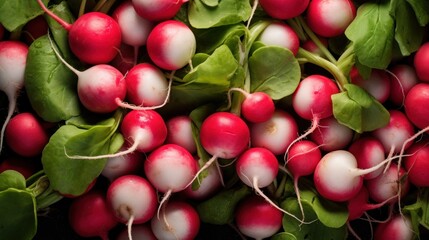  a pile of radishes with green leaves on top of each radishes are red, white, and green.