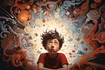 A young boy surrounded by chaotic thoughts, intrusive thoughts, or overthinking, depicting the concept of neurodiversity, ADHD or Autism
