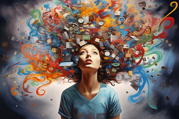 A woman surrounded by chaotic thoughts, intrusive thoughts, or overthinking, depicting the concept of neurodiversity, ADHD or Autism