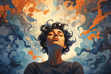 A woman surrounded by chaotic thoughts, intrusive thoughts, or overthinking, depicting the concept of neurodiversity, ADHD or Autism