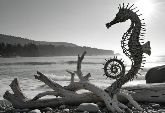 Monochrome image of a driftwood sea horse sculpture on a pebble beach
