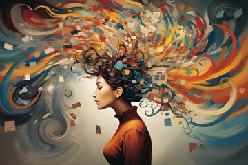 A woman surrounded by chaotic thoughts, intrusive thoughts, or overthinking, depicting the concept of neurodiversity, ADHD or Autism