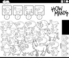 counting activity with cartoon farm animals coloring page