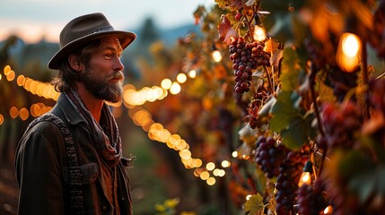 Older man working in a Vineyard with Ripe Grapes in Lush Green Garden.