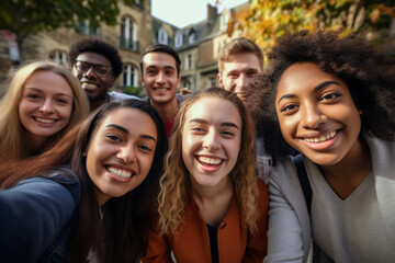 A group of college students taking a selfie together on campus