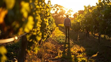 Older man working in a Vineyard with Ripe Grapes in Lush Green Garden.