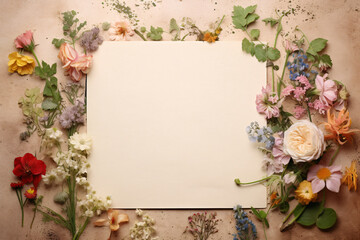 An empty note, letter mockup on a beige background, surrounded by flowers