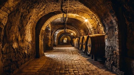 An underground vintner in the shape of a vaulted cellar. Wine barrels. Stone walls.