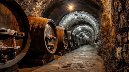 An underground vintner in the shape of a vaulted cellar. Wine barrels. Stone walls.