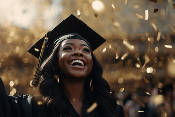 Obraz premium Candid moment of a female College student smiling and celebrating at her graduation ceremony, golden glitter flying through the air