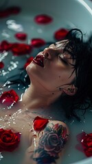 gorgeous black haired woman with tattoos, rose petals floating in a bathtub