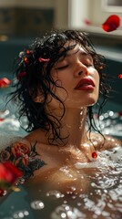 gorgeous black haired woman with tattoos, rose petals floating in a bathtub