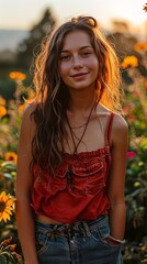 brunette woman wearing a red tank top tucked into her jeans