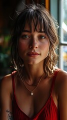 brunette woman wearing a red tank top