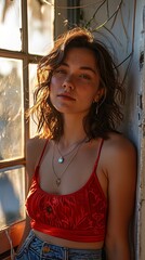 Wide angle shot of a brunette woman wearing a red tank top