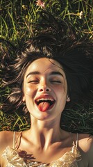 young lively woman, black hair, romantic expression on her face, she is sticking her tongue out, laying on the grass