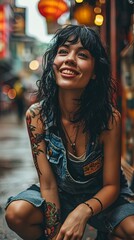 young lively woman, black hair, romantic expression on her face, she is sticking her tongue out, standing on the street