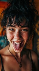 young lively woman, black hair, romantic expression on her face, she is sticking her tongue out --ar 9:16 --v 6 Job ID: c6a207ac-e65b-46b1-9704-7f5c2982539a