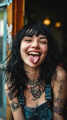 young lively woman, black hair, romantic expression on her face, she is sticking her tongue out --ar 9:16 --v 6 Job ID: c6a207ac-e65b-46b1-9704-7f5c2982539a