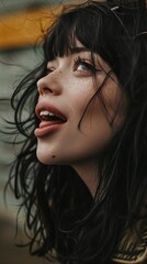 young lively woman, black hair, romantic expression on her face, she is sticking her tongue out --ar 9:16 --v 6 Job ID: c6a207ac-e65b-46b1-9704-7f5c2982539a