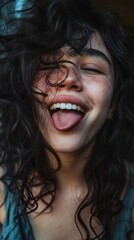 young lively woman, black hair, romantic expression on her face, she is sticking her tongue out --ar 9:16 --v 6 Job ID: c6a207ac-e65b-46b1-9704-7f5c2982539a
