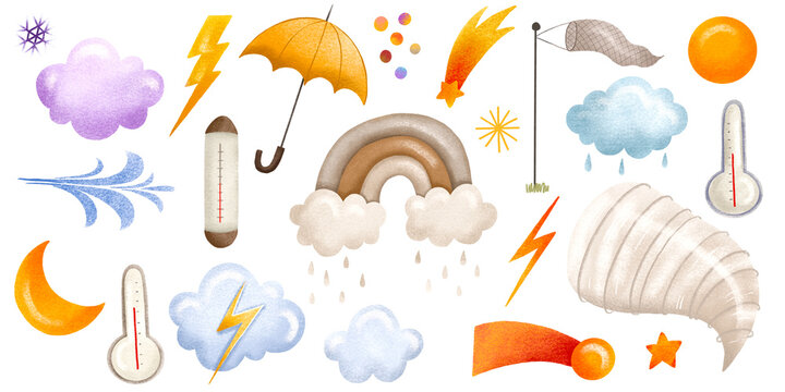 Weather forecast. Set of elements for determining weather and celestial elements. Yellow umbrella and raining clouds. Hand drawn illustration. Beautiful design elements