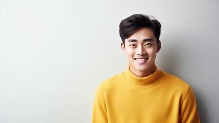 Obraz premium attractive asian guy in yellow sweater on light background