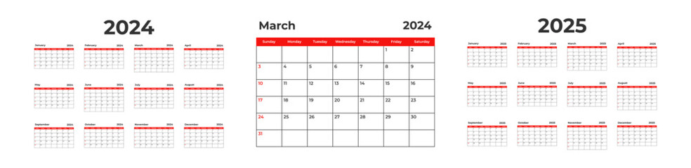 2024, 2025 year calendar. Desk planner template with 12 months. Week starts Sunday. Business schedule. Month date.