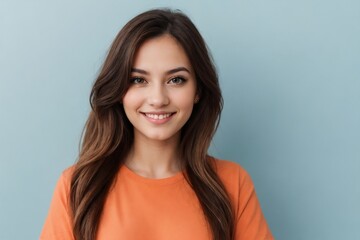 A beautiful smiling woman wearing an orange shirt against the blue background.