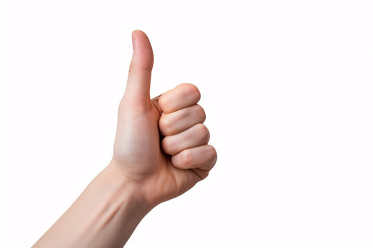 Thumbs up gesture from a Caucasian hand on a white backdrop