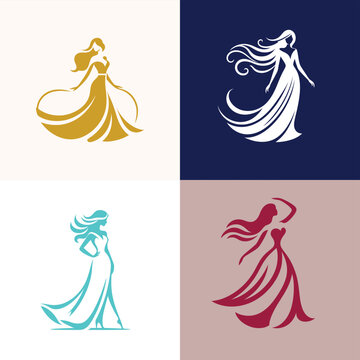 Collection of woman's fashionable boutique dress icon, logo