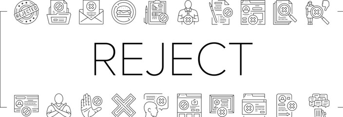reject man stop stamp cancel icons set vector. business person, negative hand, deny concept, people decline, document red x reject man stop stamp cancel black line illustrations