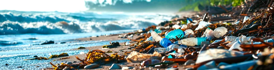 Foto auf Acrylglas Stone beach with plastic waste. Plastic bottles in nature. Environmental pollution concept. AI generated. © millenius