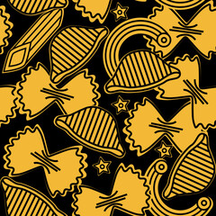 Italian pasta pattern. Hand drawn seamless background with sketch style farfalle pasta, and macaroni. llustration for cover design, food package, menu, background