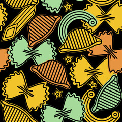 Italian pasta pattern. Hand drawn seamless background with sketch style farfalle pasta, and macaroni. llustration for cover design, food package, menu, background