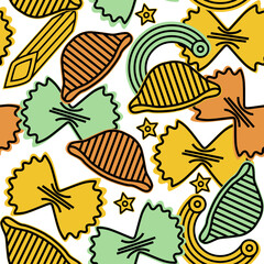 Fototapeta premium Italian pasta pattern. Hand drawn seamless background with sketch style farfalle pasta, and macaroni. llustration for cover design, food package, menu, background
