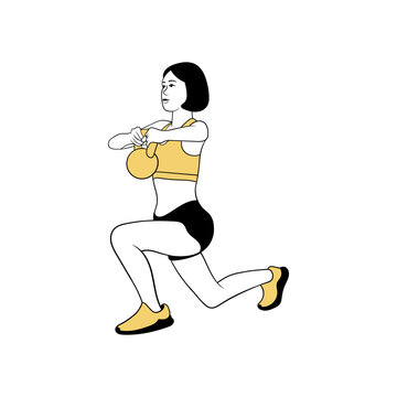 Sporty woman in sportswear with kettlebell doing fitness exercises flat vector illustration