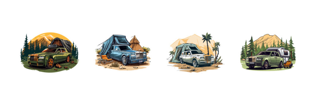 Camping with rolls royce set. Vector illustration design.