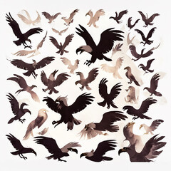 Set of silhouettes of flying cartoon eagles