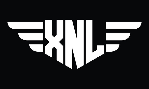 XNL three letter logo, creative wings shape logo design vector template. letter mark, word mark, monogram symbol on black & white.