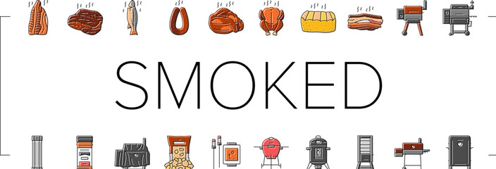 smoked meat food sausage ham icons set vector. pork beef, chicken steak, bacon smoke, salami raw, slice salmon, bbq fire, cold smoked meat food sausage ham color line illustrations