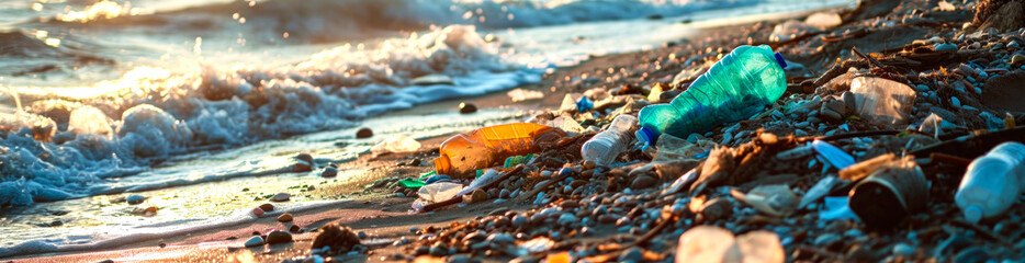 Stone beach with plastic waste. Plastic bottles in nature. Environmental pollution concept. AI generated. - obrazy, fototapety, plakaty