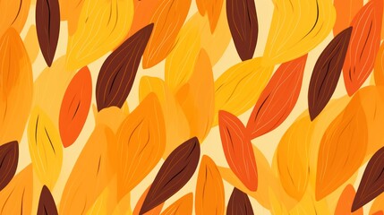 a pattern of orange and brown leaves on a light yellow background with a brown stripe in the middle of the image.