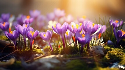 spring crocuses close-up, spring background, onset of spring and warmth