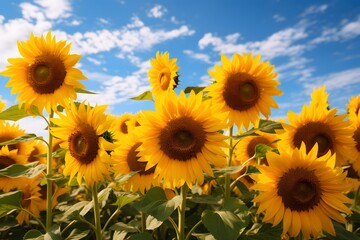 Obraz premium Vibrant Sunflower Field Under a Bright Blue Sky