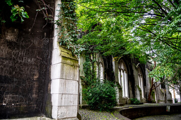 St. Dunstan In The Eeast, Abandoned And Decayed Church Ruin With Peaceful Garden In The Churchyard...