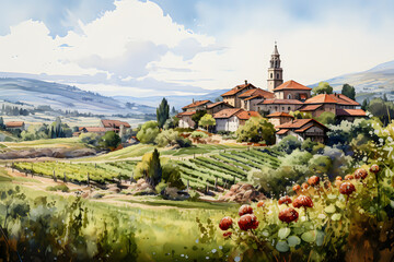 A charming watercolor painting of a quaint European village nestled among rolling hills.no.01